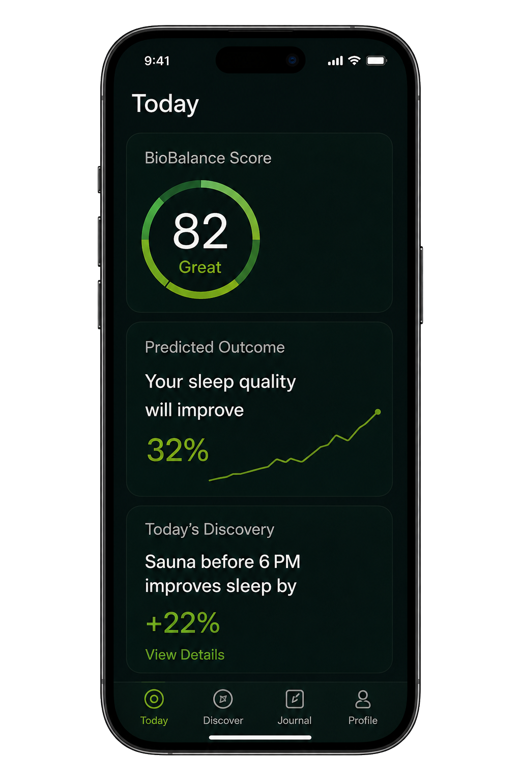 BioBalance Today app preview showing score and discoveries