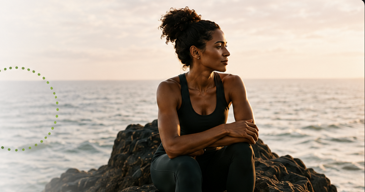 Woman seated on coastal rocks
