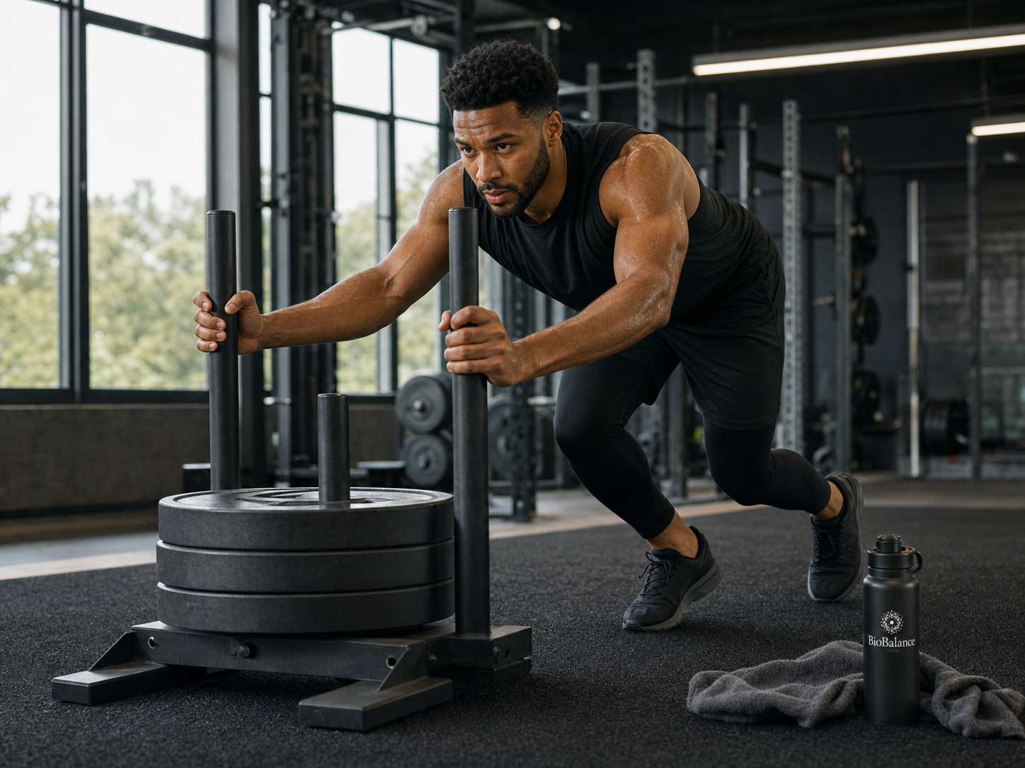A BioBalance member pushing a weighted sled in a gym.