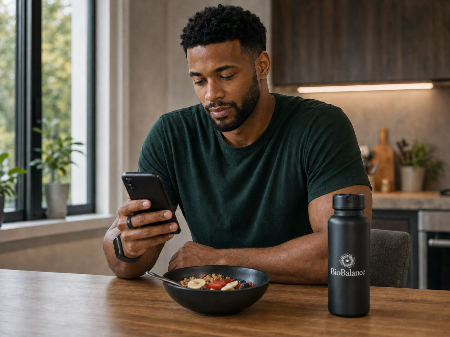 James reviewing a phone during a meal check-in.