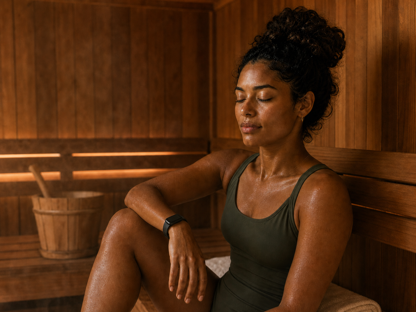Jordan resting in a sauna after heat exposure.