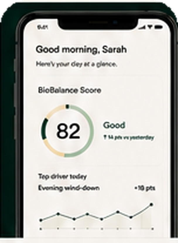 BioBalance Today screen showing a score of 82 and Evening wind-down as the top driver.