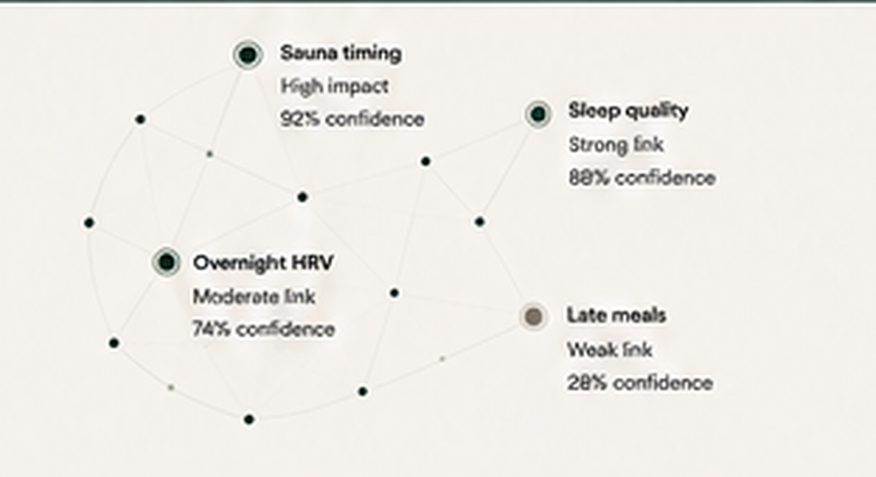 Relationship map connecting sauna timing, overnight HRV, sleep quality, and late meals, with evidence strength and confidence values.
