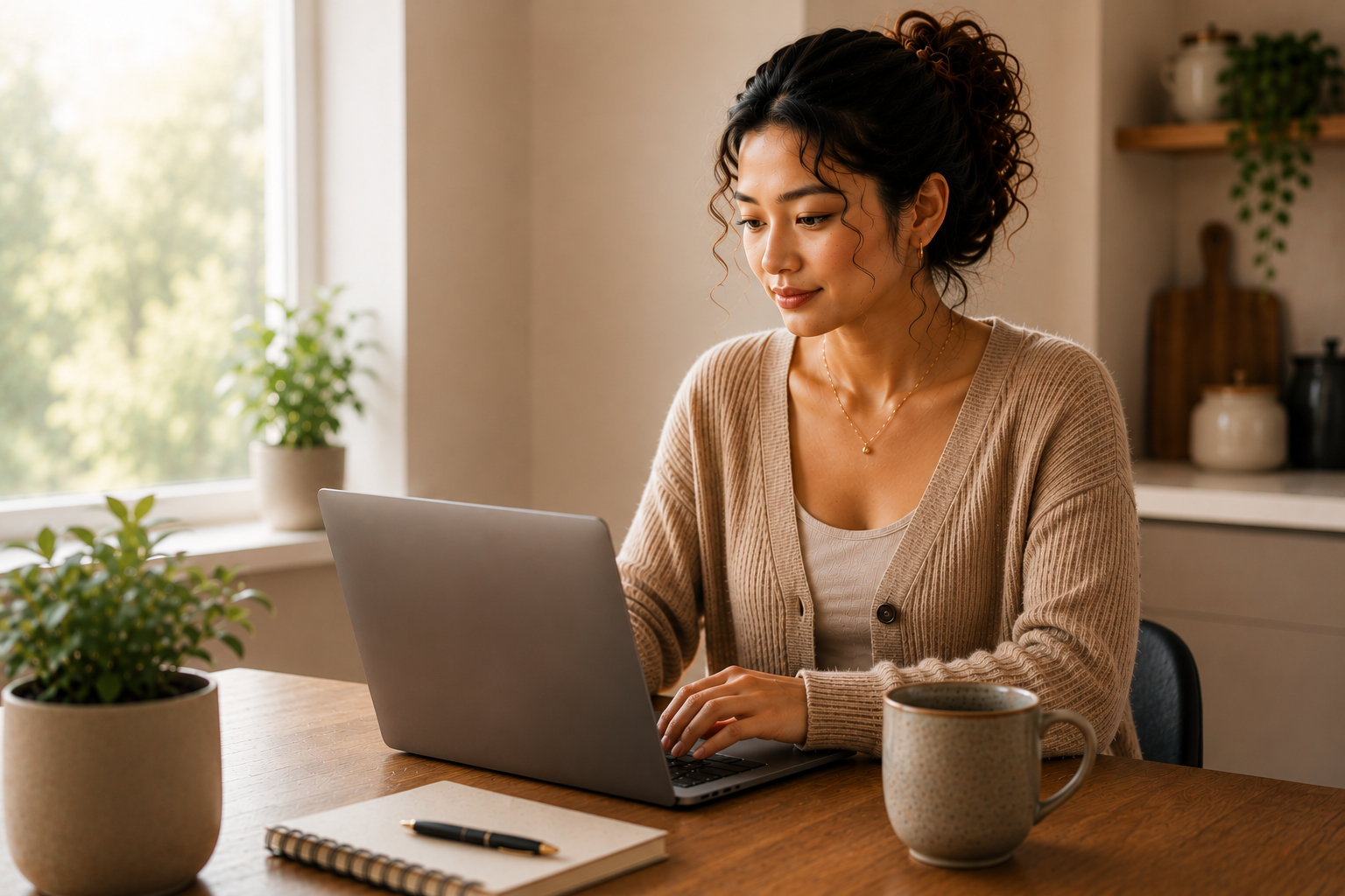 Sarah using BioBalance Navigator on her laptop with a cup of coffee nearby.