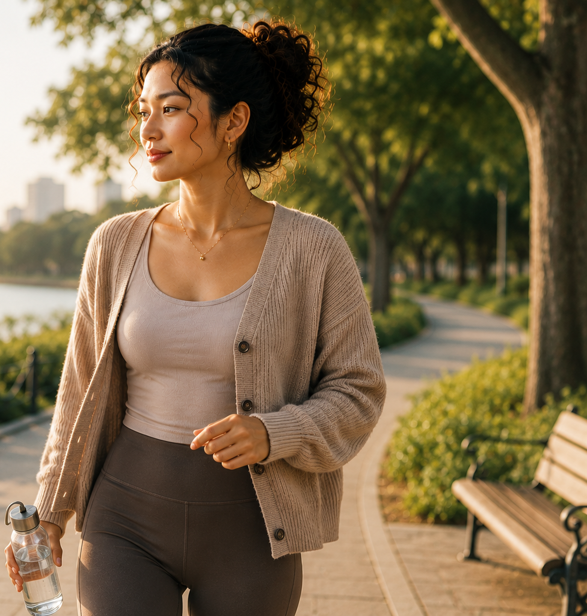 Sarah taking a morning walk as part of her personalized daily protocol.