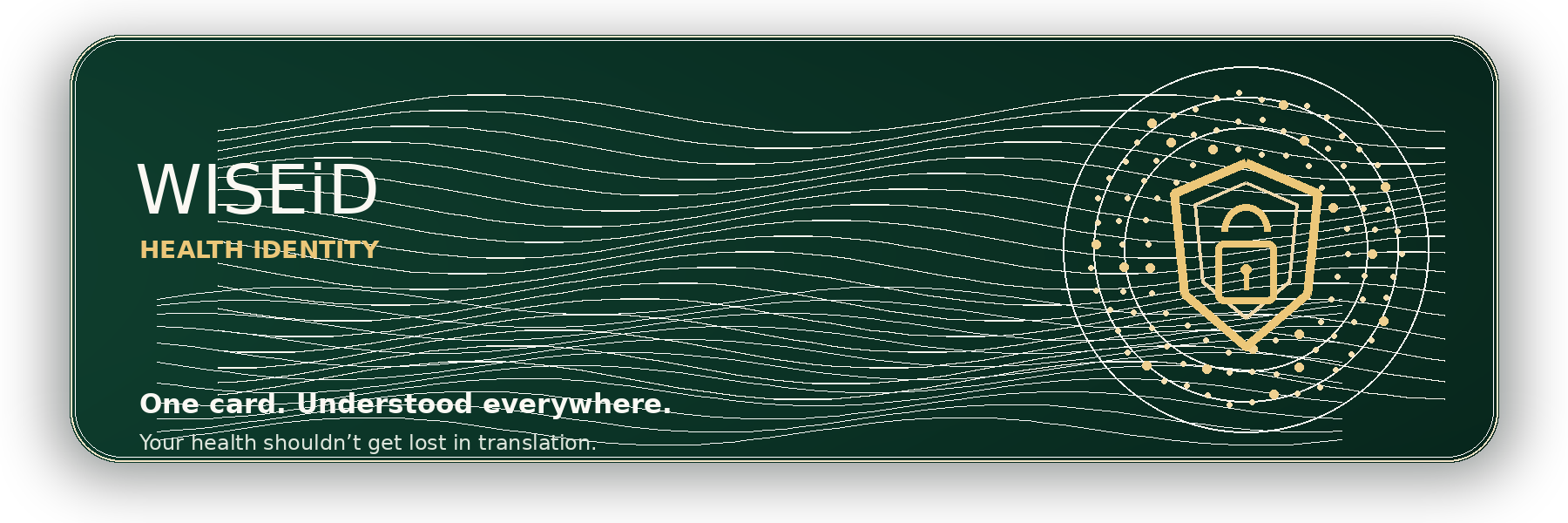 WISEiD Health Identity card with a gold security shield on a dark forest background.