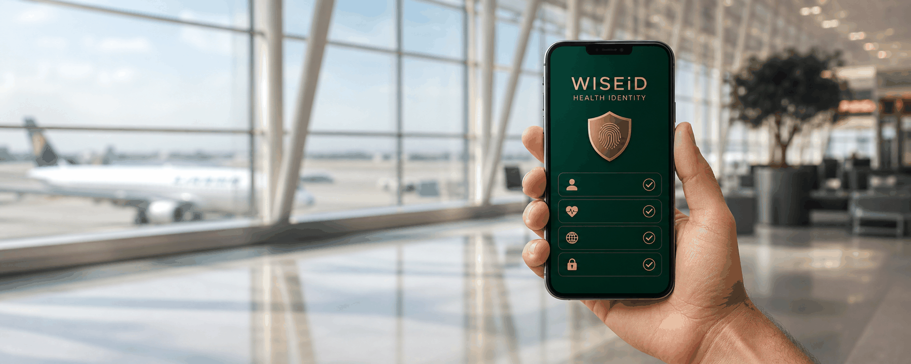 A traveler holding a phone displaying WISEiD Health Identity in an airport.